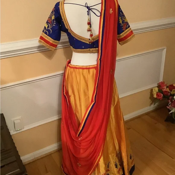 Vibrant Blue and Yellow Embroidered Lehenga Choli - Picture 9 of 12